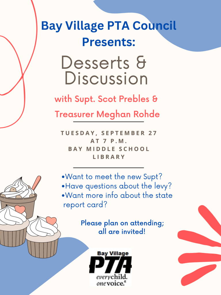 PTA Council Desserts & Discussion Flyer for 9-27-22, 7 p.m. at BMS Library