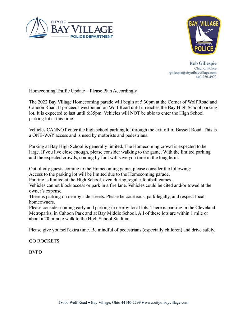 Police Chief letter for Homecoming 2022